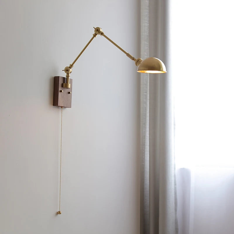 Nordic Modern Copper LED Wall Lamp Beside Pull Chain Switch Wooden Canopy Bedroom Bathroom Mirror Light Long Arm Wandlamp