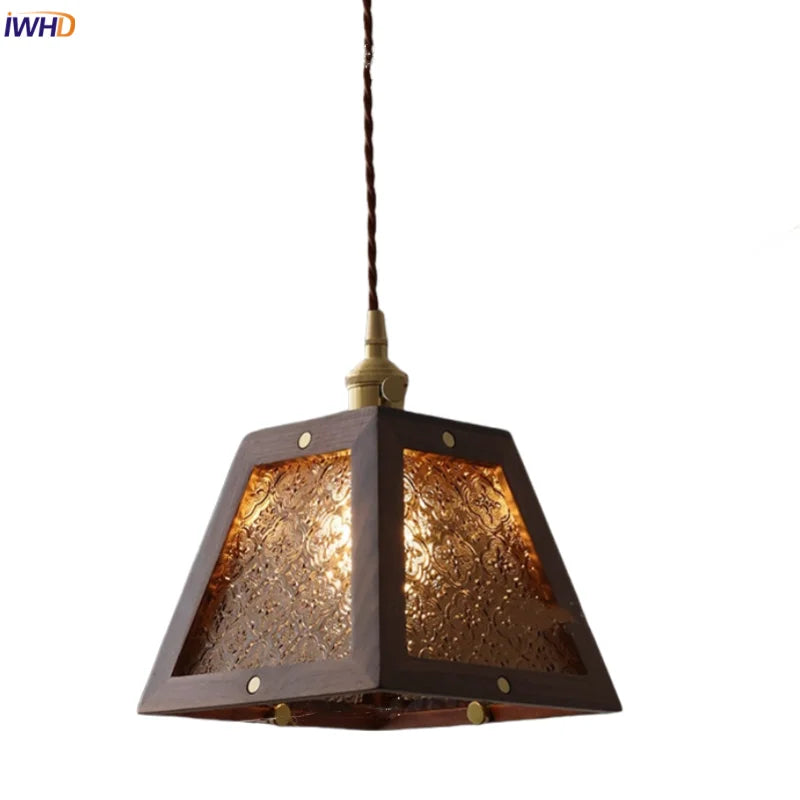 Walnut Wood LED Hanging Lamp Bar Restaurant Dining Living Room Amber Glass 200CM Adjustable Wire Loft Retro Pendant Light