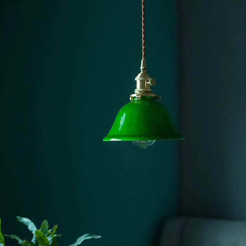 Vintage Green Glass LED Pendant lights Fixtures Japanese America Style Copper Socket Coffe Restaurant Hanging Lamp