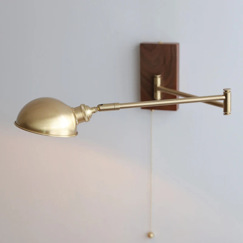 Walnut Ash Wood Canopy LED Wall Light Fixtures Pull Chain Switch Copper Arm Left Right Rotate Bedroom Beside Lamp Sconce