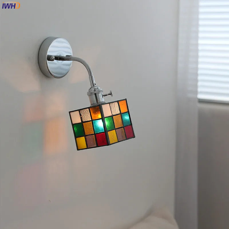 Colorful Square Glass LED Wall Light Sconce Silver Iron Metal  Flexible Arm Ajdustable Bedroom Beside Lamp Applique Murale