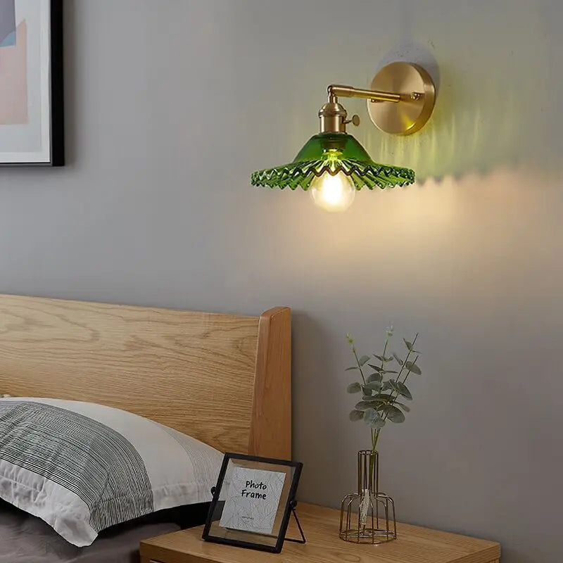 Green Glass LED Wall Light Fixtures Pull Chain Switch Copper Bedroom Bathroom Mirror Stair Nordic Modern Wandlamp Sconce