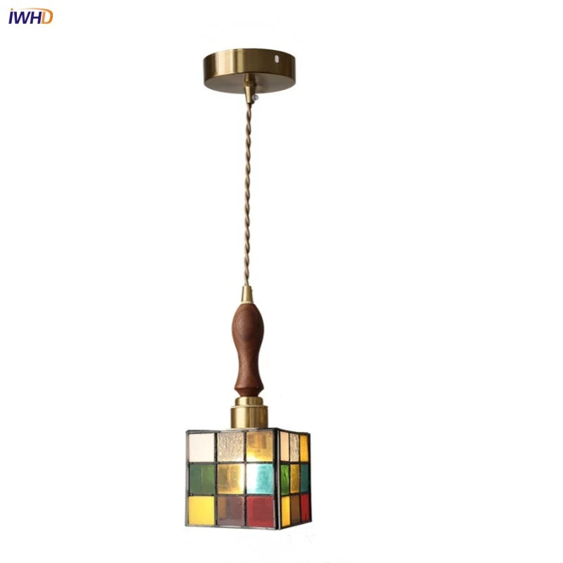 Cube Loft LED Pendant Lamp Restaurant Aisle Bedside Walnut Wood E27 Colorful Glass Hanging Light Fixture Lamparas Colgante