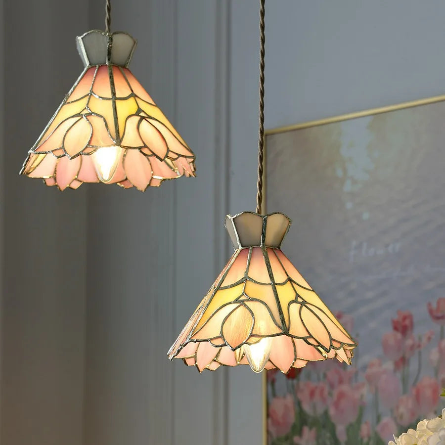 Pink Flower LED Pendant Light Fixture Study Bedroom Kitchen Nordic Modern Adjustable Glass E27 Hanging Lamp Lampu Gantung