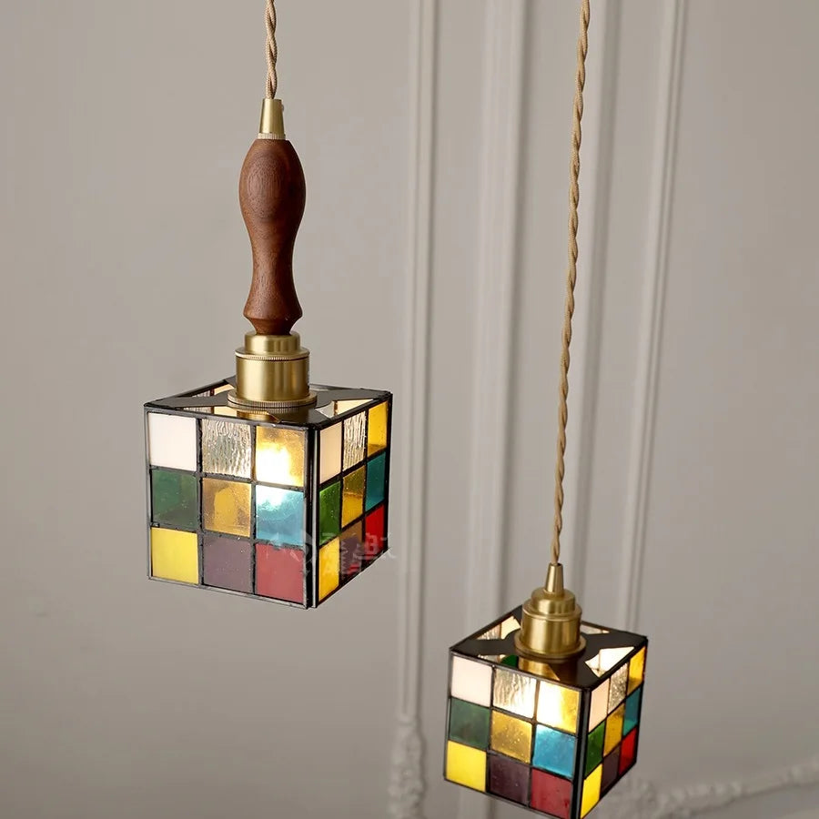 Colorful Square Glass LED Hanging Light Copper Socket Bedroom Cafe Bar Stair Home Indoor Lighting Modern Pendant Lamp