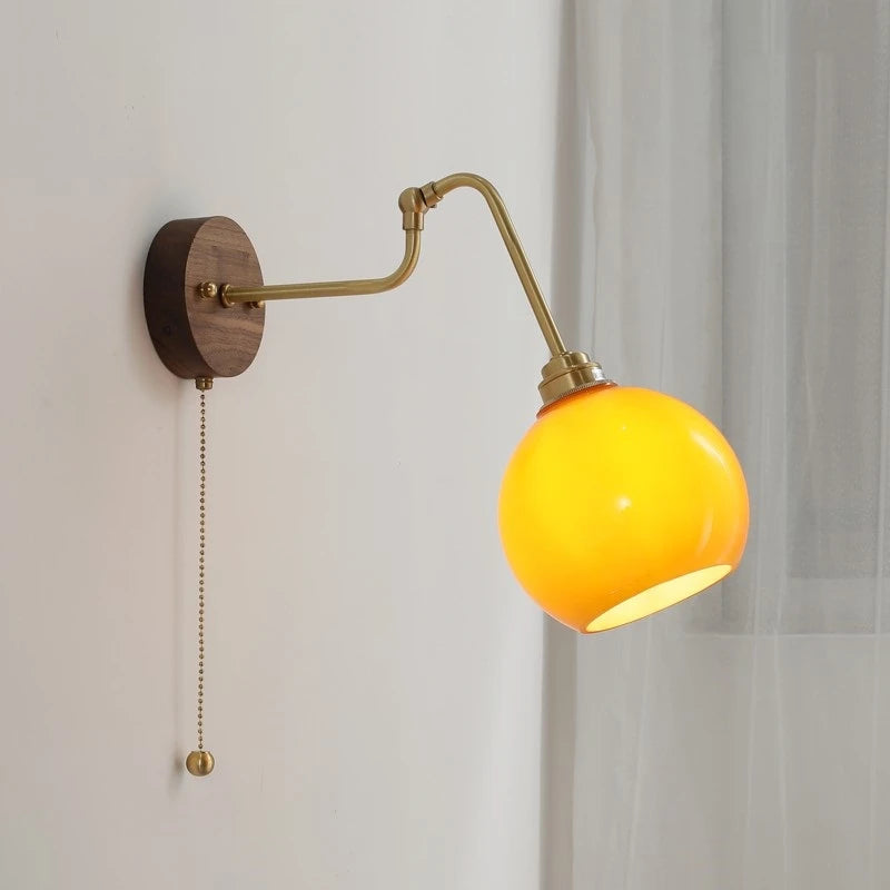 Walnut Base Copper LED Wall Lamp Sconce Pull Chain Switch Amber Glass Ball Arm Up Down Adjustable Stair Light Wandlamp