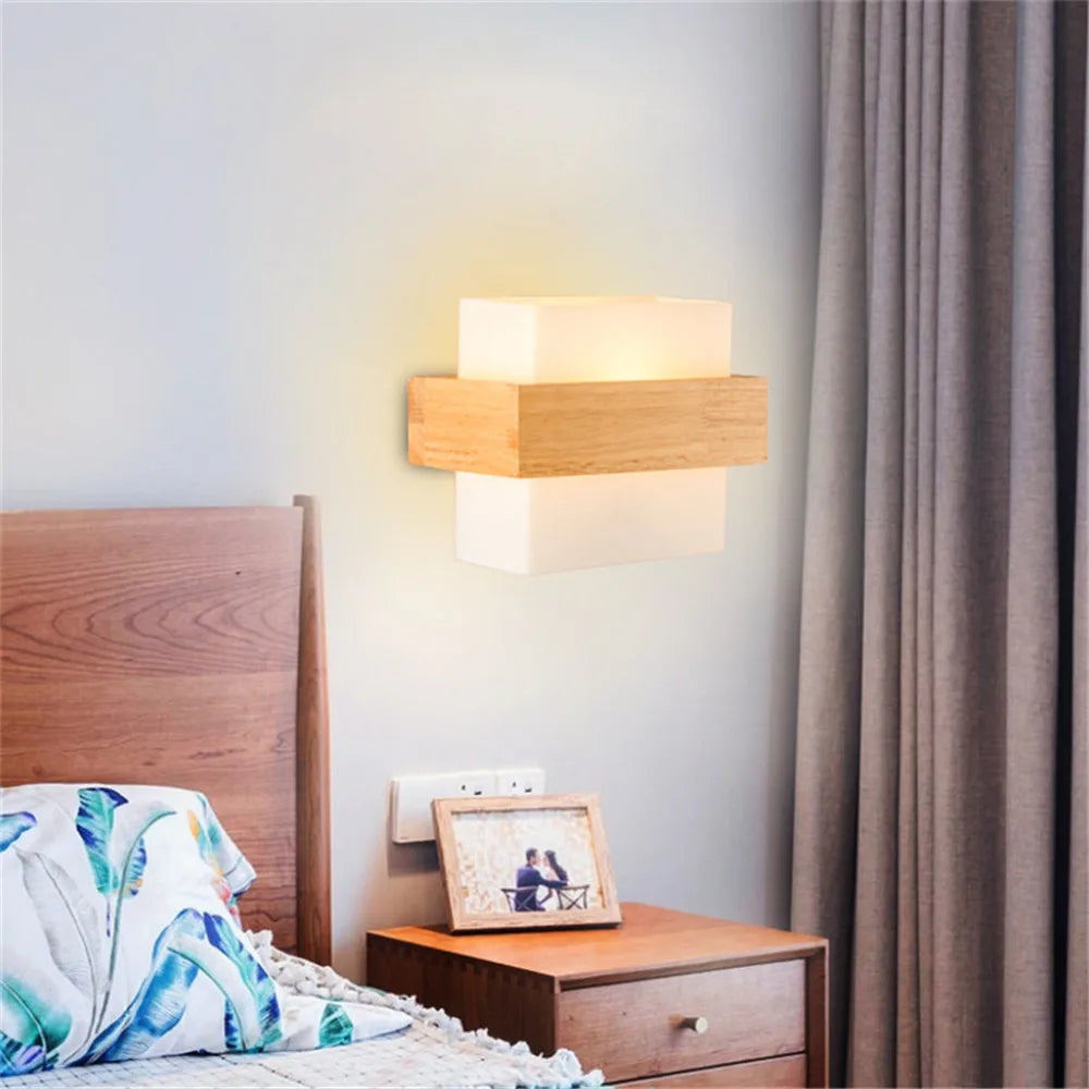 Modern Wall Lamp Japaniese Style Bedside Wood Glass Lampshade Bedroom Sconce for Aisle Corridor Restaurant Background Wall Light