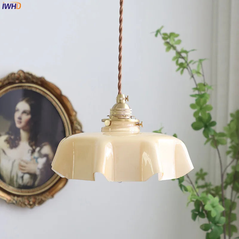 Milky Yellow Glass LED Pendant Lights Fixtures For Home Indoor Lighting Bedroom Living Room Copper Nordic Hanging Lamp