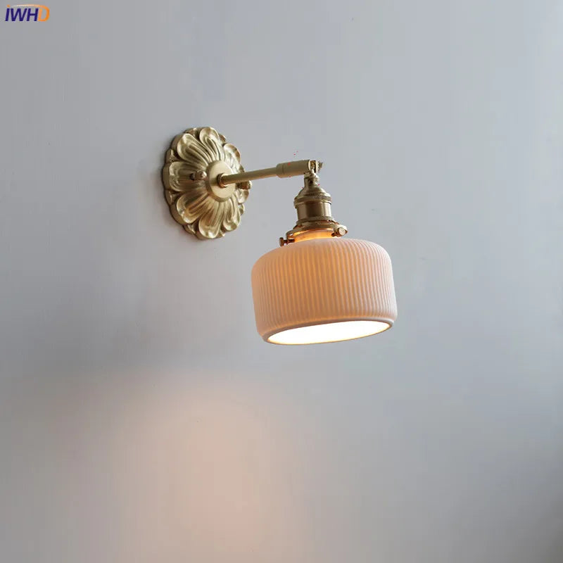 France Style Copper LED Wall Lamp Sconce Beside Switch Ceramic Lampshade Bedroom Bathroom Mirror Stair Light Lampara Pared