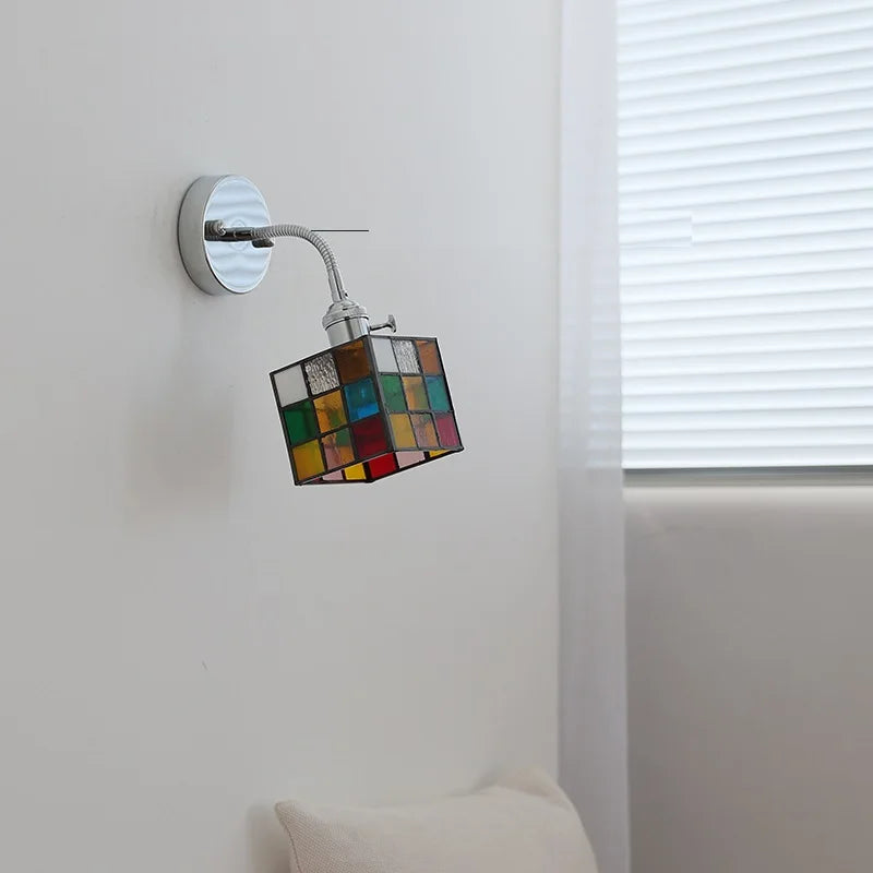 Colorful Square Glass LED Wall Light Sconce Silver Iron Metal  Flexible Arm Ajdustable Bedroom Beside Lamp Applique Murale