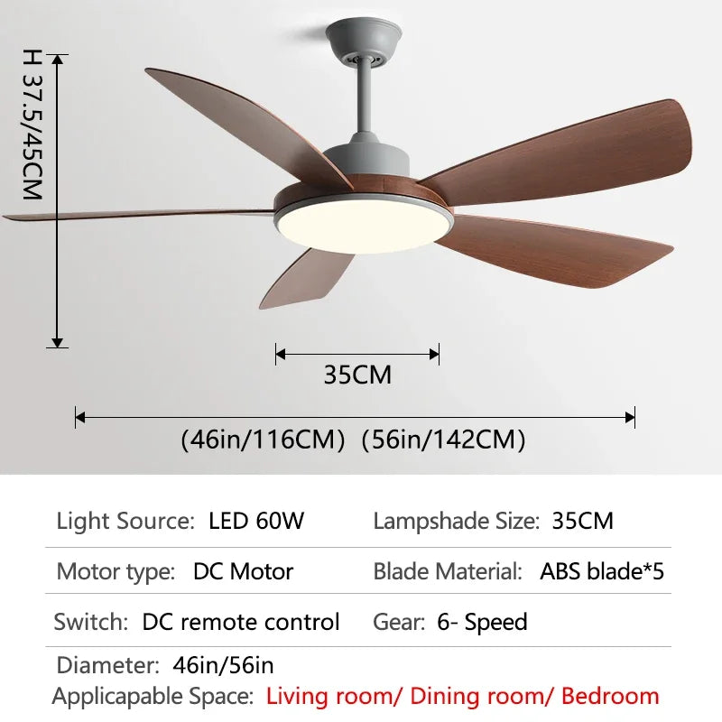 56 Inch Restaurant Fan with 60W LED Llights 5 Blade DC motor Ceiling fan Support Remote Control 110V 220V