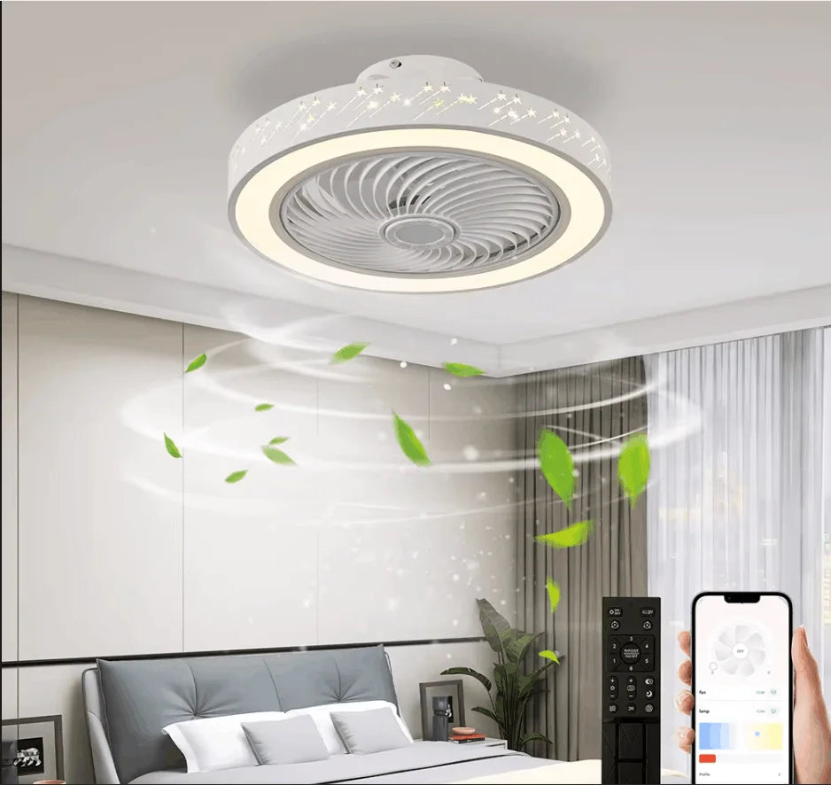 2 in 1 Modern Smart Ceiling Fan with Light Remote Control LED Dimmable 6 Speeds Timer Flush Mount Enclose Ceiling Fans Lamp 72W