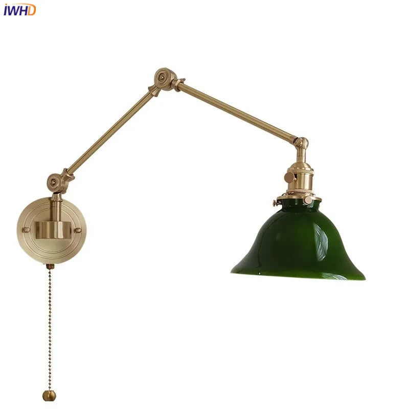 Left And Right Rotate Copper Wall Lamp Beisde Swing Long Arm Green White Lampshade Nordic Modern Wandlamp Lighting