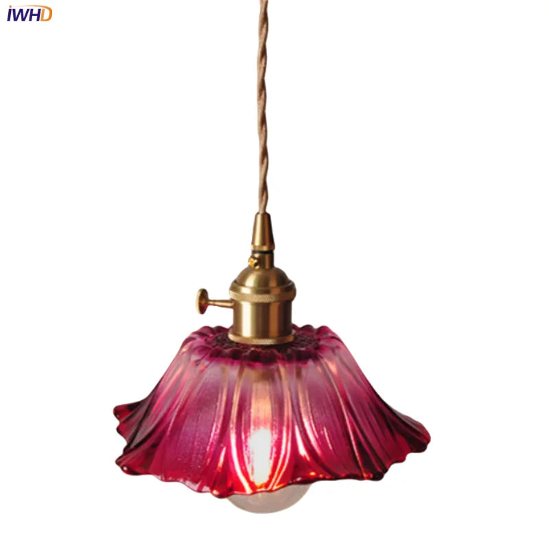 Purple Flower Glass LED Pendant Lamp Living Dining Room Bar Knob Switch Wire Adjustable Nordic Modern Hanging Light Fixture