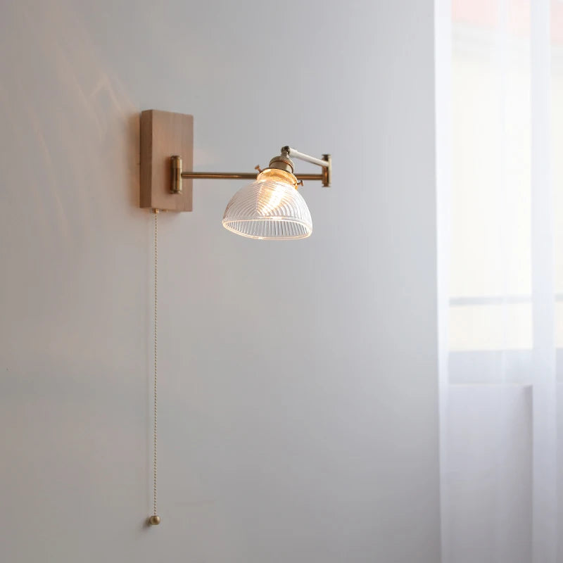 Clear Glass Copper LED Wall Lights Fixtures Pull Chain Switch Plug In Walnut Wood Canopy Bedroom Living Room Beside Lamp