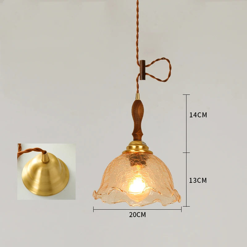 Vintage Cracked Glass Hanglamp Copper Wooden Hanging Lamp Home Indoor Lighting Bedroom Living Room Modern Pendant Light LED