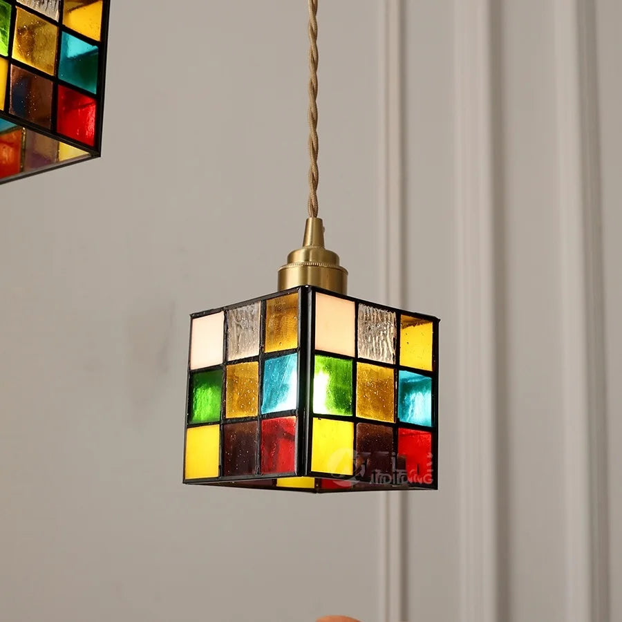 Colorful Square Glass LED Hanging Light Copper Socket Bedroom Cafe Bar Stair Home Indoor Lighting Modern Pendant Lamp