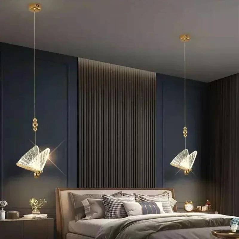 Modern LED Pendant Lights Luxury Creative Chandeliers Butterfly Single Double Head Nordic Bedside Long-line Hanging Lamp