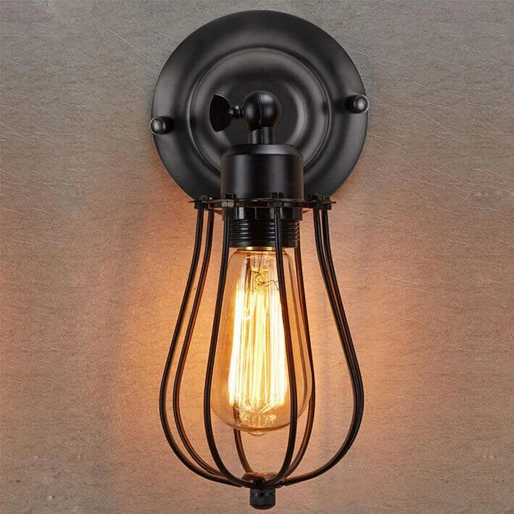 Vintage Industrial E27 Wall Lamp Black Iron Lampshade Cage Wall Sconce Modern Indoor Lighting Fixture for Loft Living Room