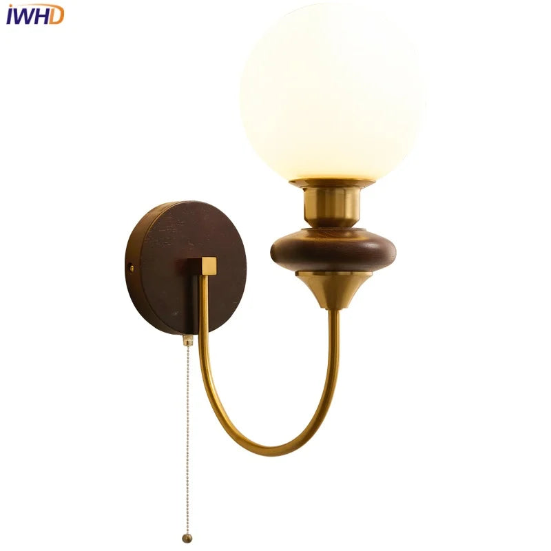 Glass LED Wall Lights Sconce Hallway Hotel Bedside Lamp Walnut Wood Modern Pull Chain Switch Bathroom Vanity Mirror Light