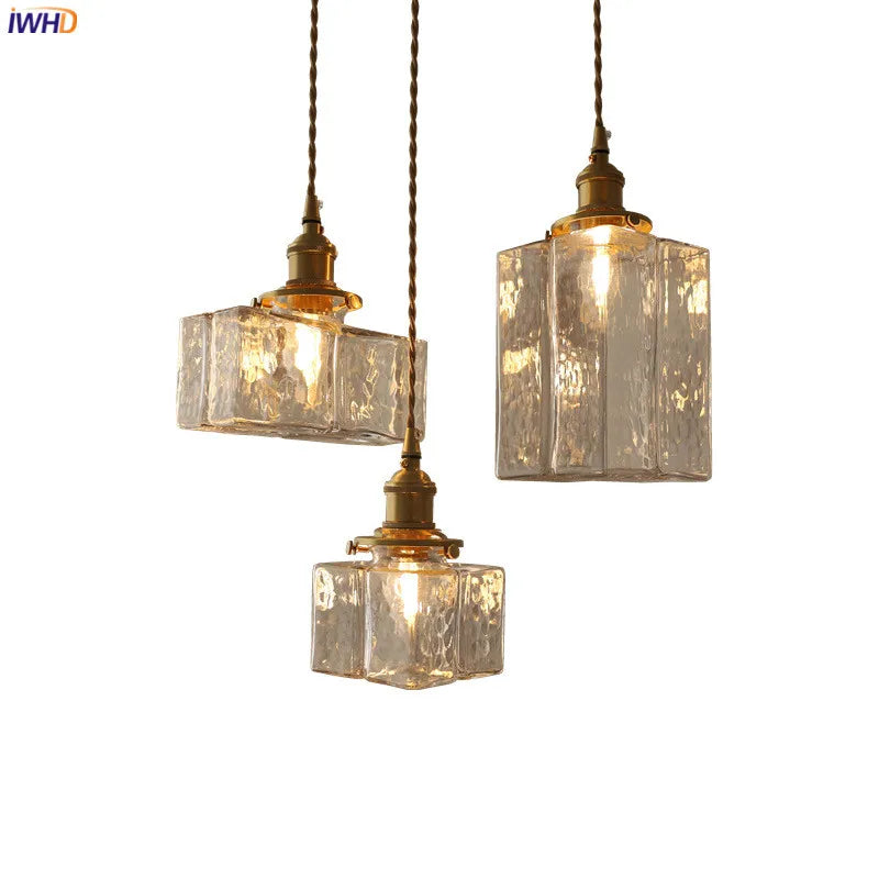 Square Glass LED Pendant Lights Fixtures Knob Switch Japanese Style Copper Home Lighting Hanging Lamp Luminaira