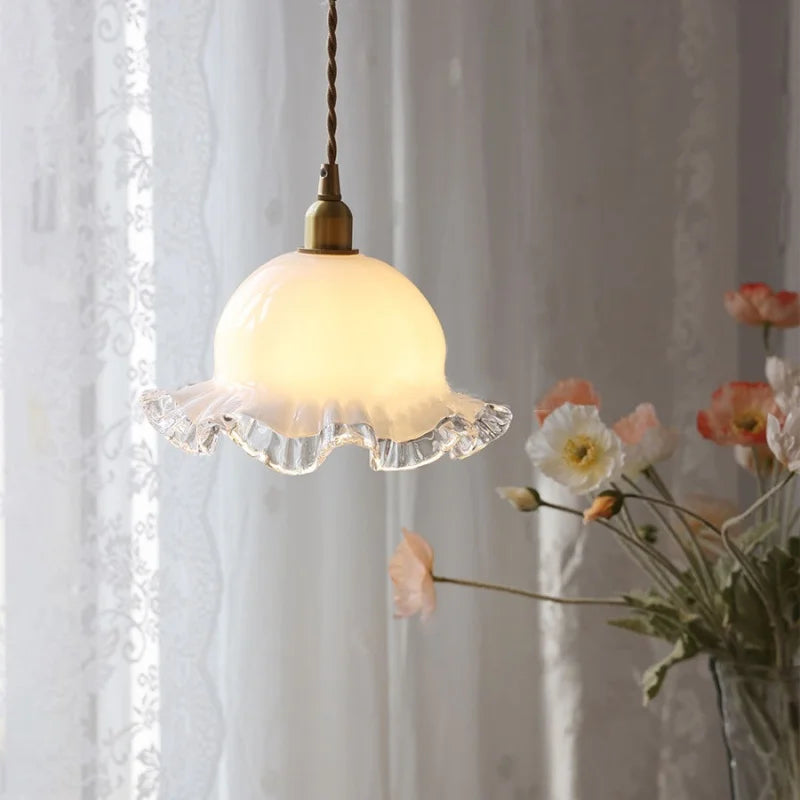 White E14 LED Pendant Lamp Hallway Balcony Reading Flower Glass Brass Wire Adjustable Dining Room Lights Luminaira Pendente