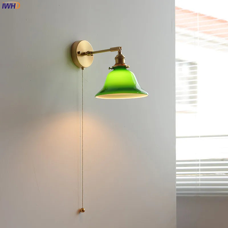 Arm Adjustable Copper LED Wall Light Sconce Pull Chain Switch Green Glass Bedroom Mirror Stair Nordic Modern Wandlamp