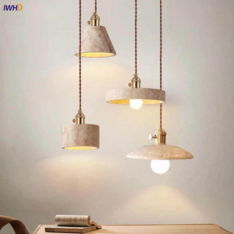 Natural Yellow Travertine Pendant Lamp E27 Socket LED Pendant Light Fixtures With Switch Home Decor Bedside Cafe Lamparas