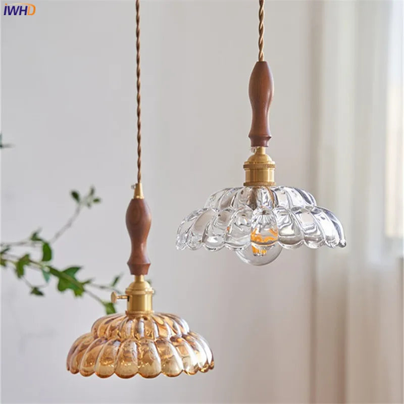 Hanglamp Wooden Handle Copper LED Pendant Light Fixtures Glass Lampshade Home Decor Indoor Lighting Vintage Hanging Lamp