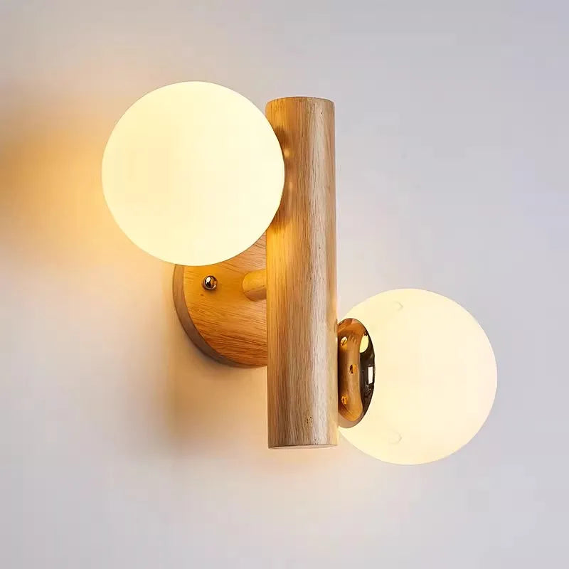 Nordic Wooden Style Magic Bean Wall Lamp Modern Living Room Universal Double Head Wall Lights Retro Bedroom Led Glass Wall Lamp