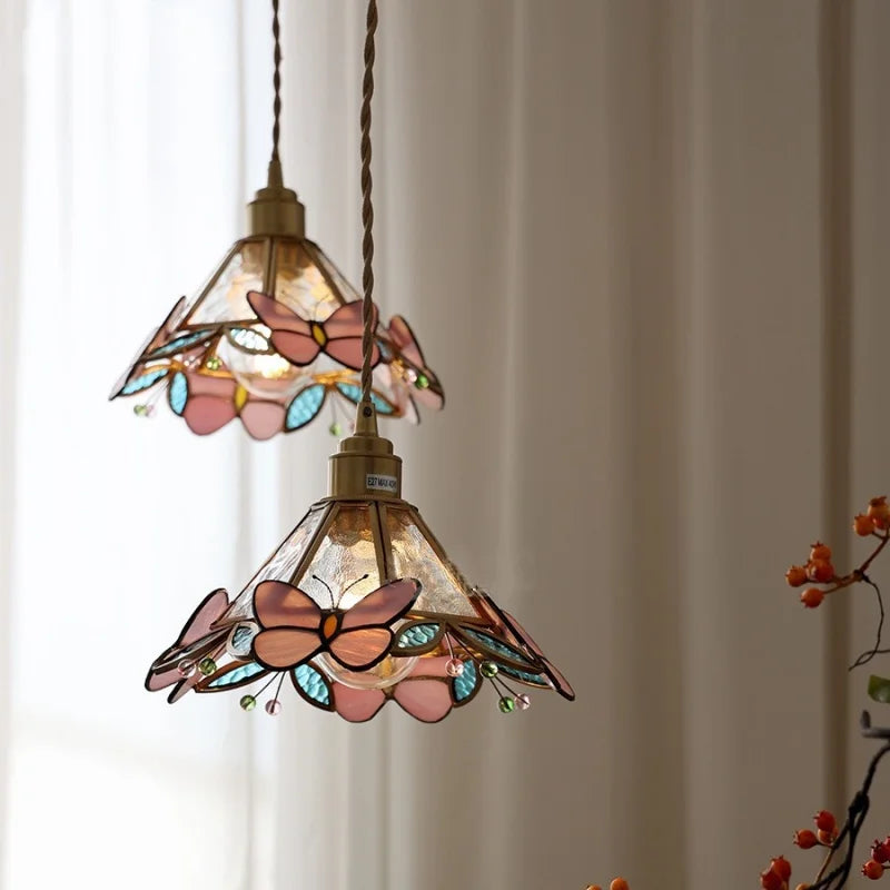 Nordic Modern LED Pendant Light Fixtures Bedroom Kitchen Aisle Butterfly Flower Wire Adjustable Glass Copper Hanging Lamp