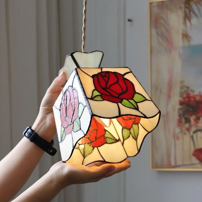 Rose Flower Glass LED Pendant Lamp Restaurant Kitchen Bedside Vintage Loft Style Brass E27 Adjustable Hanging Light Fixture