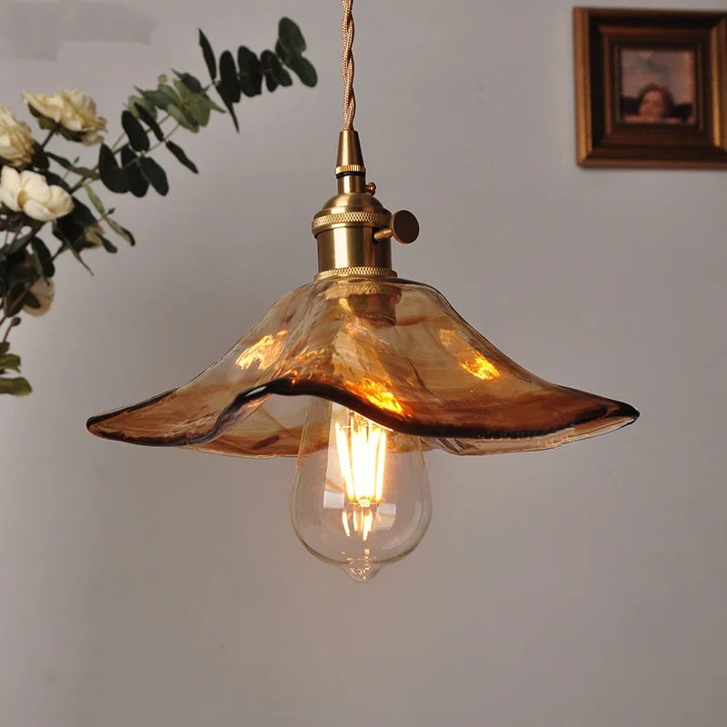 Vintage Loft LED Pendant Light Fixture Aisle Kitchen Bedroom Amber Glass Hanging Lamp Copper Knob Switch Dining Room Lights