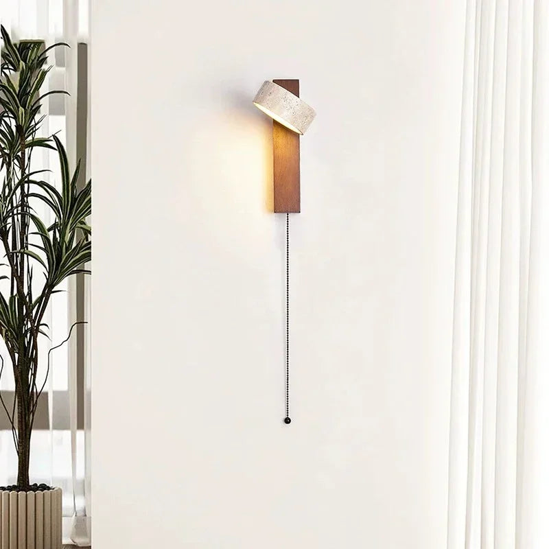 Cream Style Bedroom Bedside Wall Lamp With Pull Switch Wire Rotatable Led Light Stone Homestay Log Wood Walnut Soft Down Lights