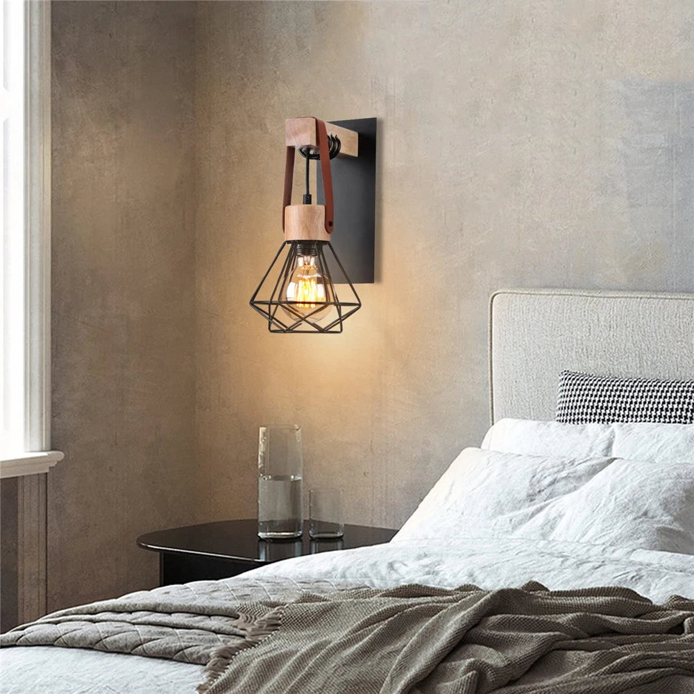 Industrial Wall Lamp E27 Lampshade Retro Iron Wooden Cage  Adjustable Indoor Wall Light for Living Room Bedroom Kitchen Corridor