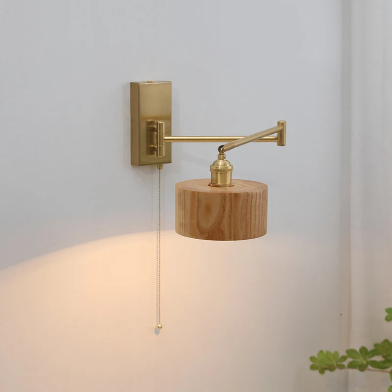 Left Right Rotate LED Wall Lamp Sconce Pull Chain Switch Bedroom Bathroom Mirror Stair Light Wooden Lampshade Wandlamp