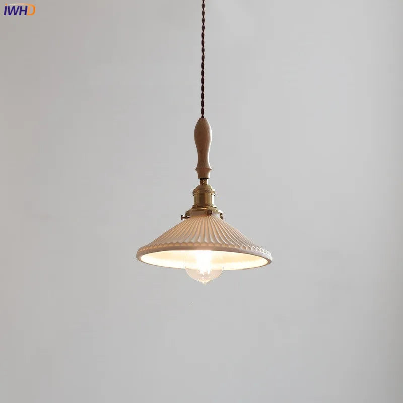 Copper Ceramic LED Pendant Lamp Wood Handle Home Indoor Decor Simple Modern Hanging Light Kitchen Dinning Living Room