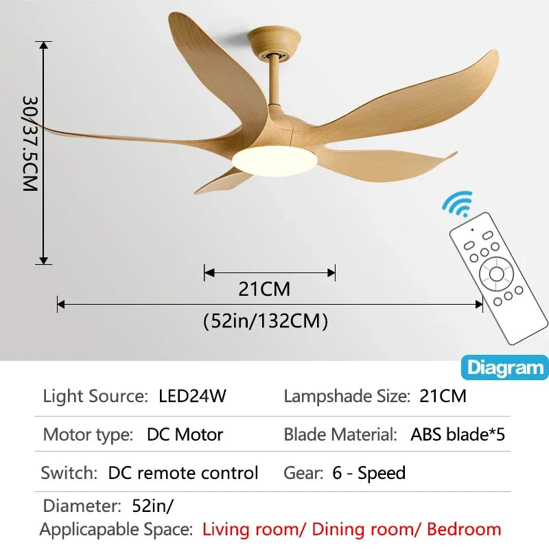 52Inch 5ABS Blade Ceiling fan with LED light and Remote Control Lamps for room fan with ceiling light home fan Used for bedroom