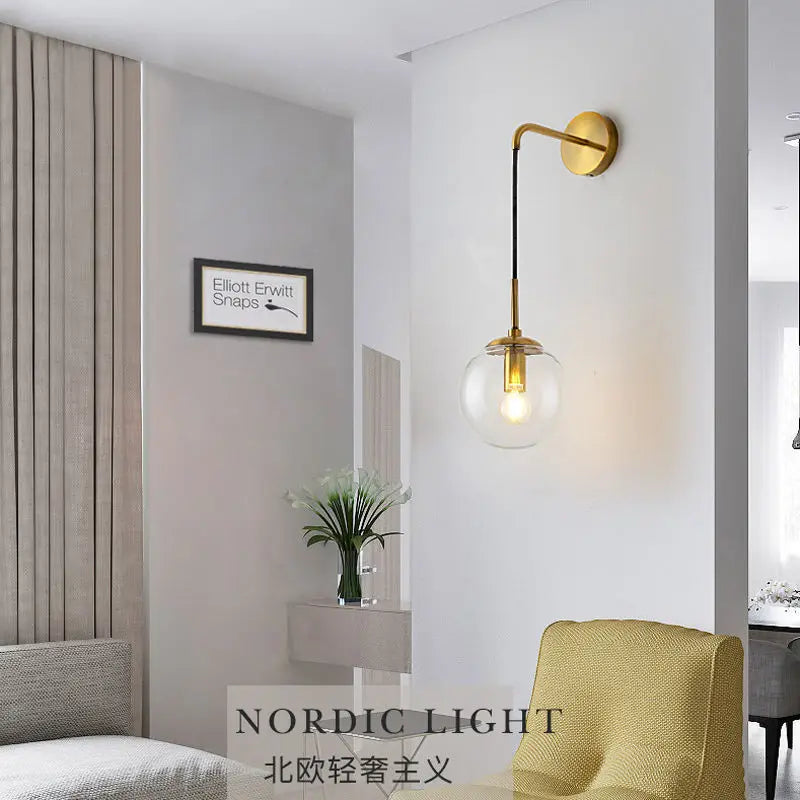 Nordic Brass Gold Ball Glass Wall Sconce Living Room Background Wall Lights Bedside Corridor Aisle Lighting Mirror Front Lamp