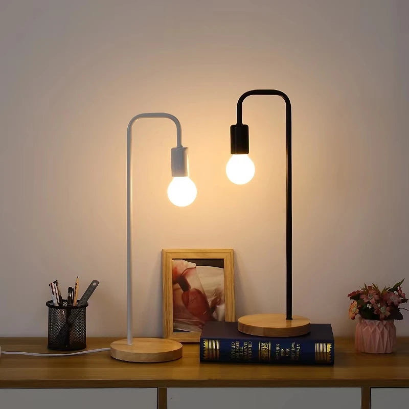 Loft Vintage Desk Lamp E27 Black White Iron Rod American Countryside Wooden Table Lamps Nordic Bedside Reading lighting fixture