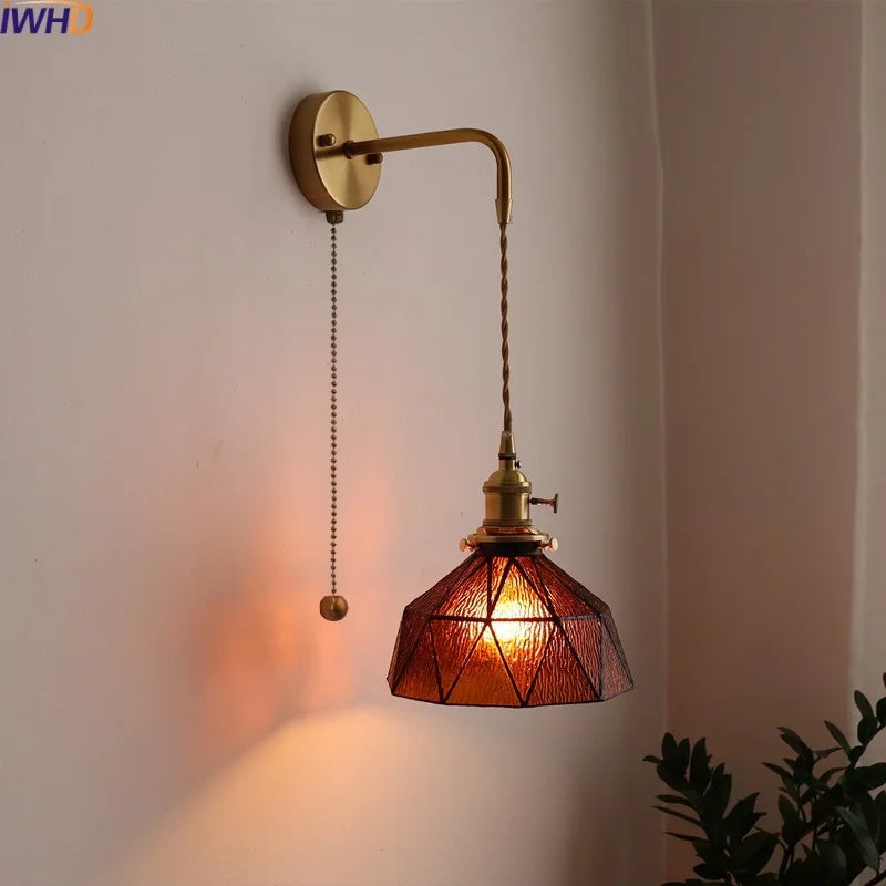 Pull Chain Switch LED Wall Lamp Sconce Copper Glass Indoor Living Room House Stair Light Fixtures Home Decor Lamparas