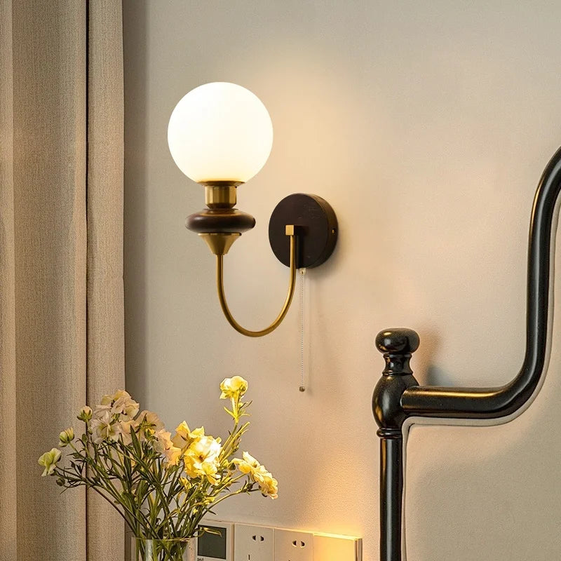 Glass LED Wall Lights Sconce Hallway Hotel Bedside Lamp Walnut Wood Modern Pull Chain Switch Bathroom Vanity Mirror Light