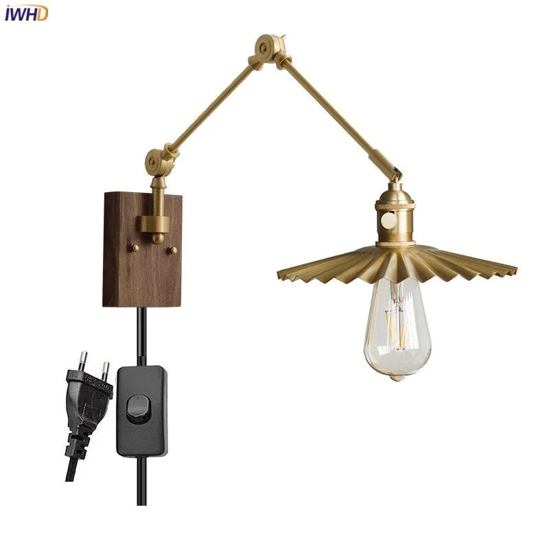 Adjustable Copper Arm LED Wall Lamps Sconce For Living Room Bedroom Pull Chain Plug In Switch Nordic Wall Lights Luminaria