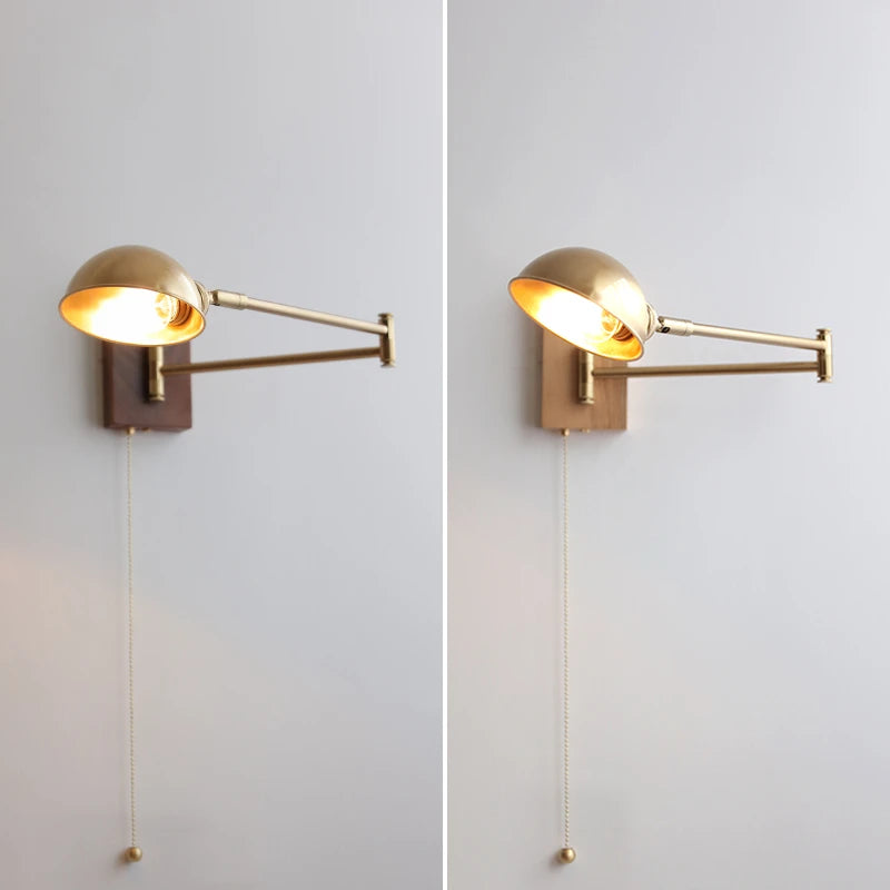 Walnut Ash Wood Canopy LED Wall Light Fixtures Pull Chain Switch Copper Arm Left Right Rotate Bedroom Beside Lamp Sconce