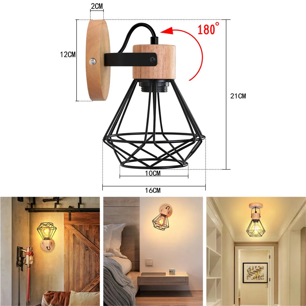 Modern Mini Bedside Wall Lamp Wood Iron Cage Ceiling Light Fixture Industrial Retro Sconce for Bedroom Living Room Aisle Porch B