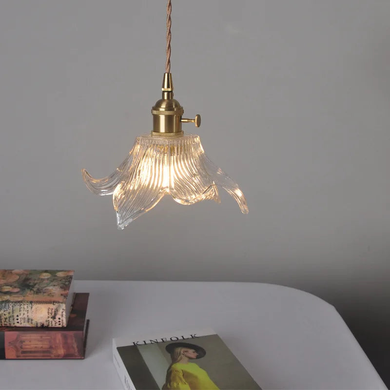 Flower Glass LED Pendant Lights Reading Living Room Cafe Home Decor Adjustable Loft Kitchen Light Knob Switch Hanging Lamp