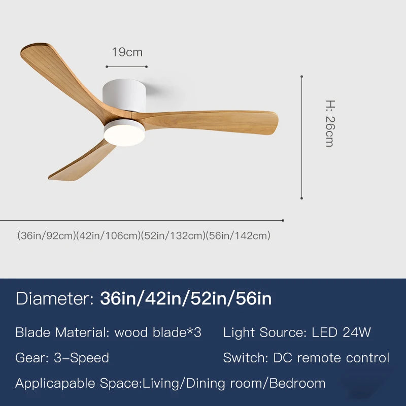 36 42 52 56 Inch Ceiling Fan Lights 3 Speed Adjustable Hardware Solid Wood Remote Control Ventilator for Living Room Bedroom