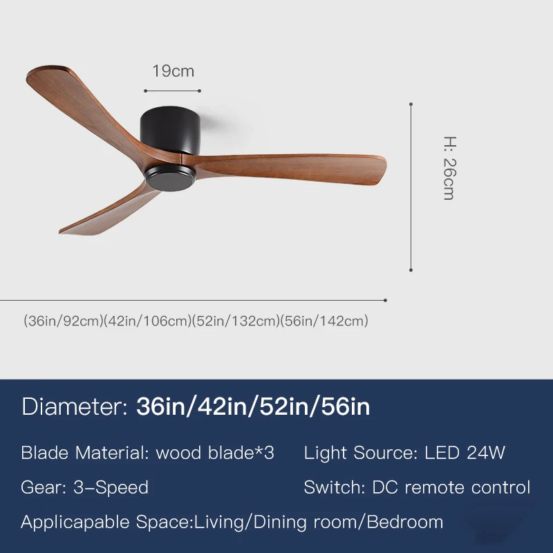 36 42 52 56 Inch Ceiling Fan Lights 3 Speed Adjustable Hardware Solid Wood Remote Control Ventilator for Living Room Bedroom