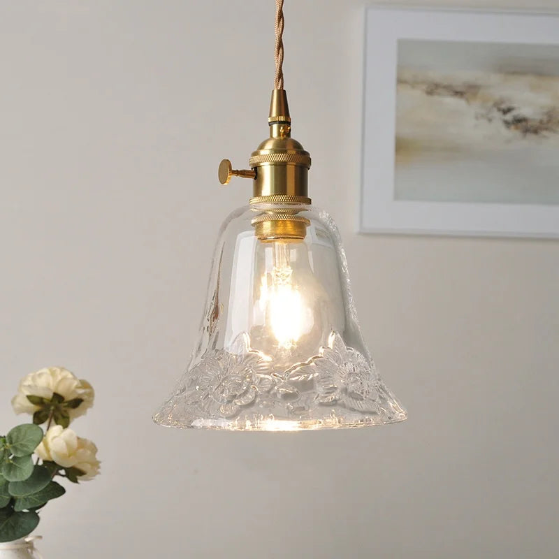 Nordic Modern LED Pendant Lamp Restaurant Bedroom Brass Knob Switch Wire Adjustable Flower Glass Dining Room Hanging Light