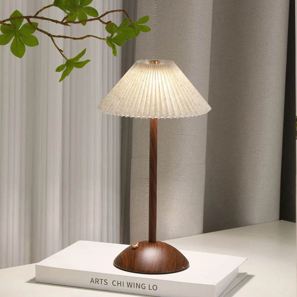 Portable LED Desk Lamp Wood Base Small Table Lamp Fabric Shade Dimmable Touch Lamp Rechargeable for Living Room Dorm Home Office